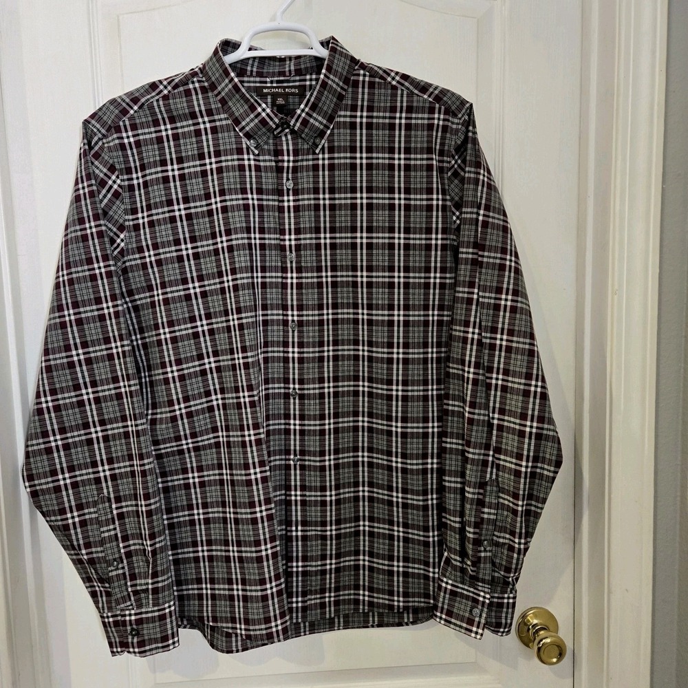 Michael Kors Mens XXL Purple Plaid Long Sleeve ButtonUp Shirt Slim Fit